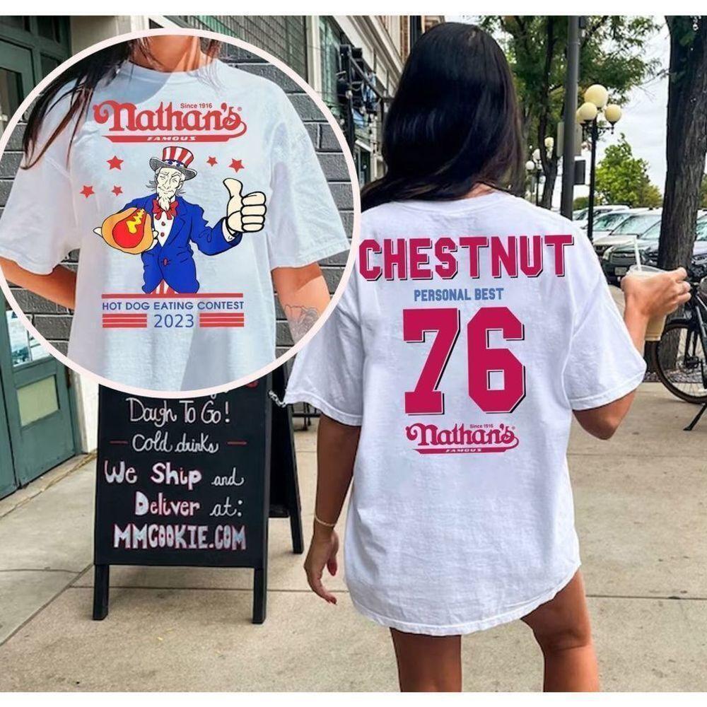 Nathans Famous Hot Dog Contest Joey Chestnut 2 Sided T-Shirt